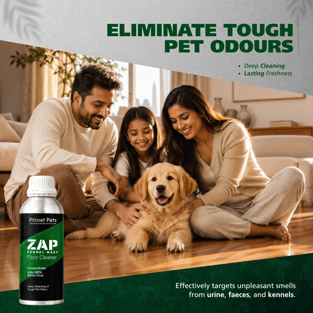 Family with a golden retriever on a clean floor – is your floor cleaner safe for dogs and cats