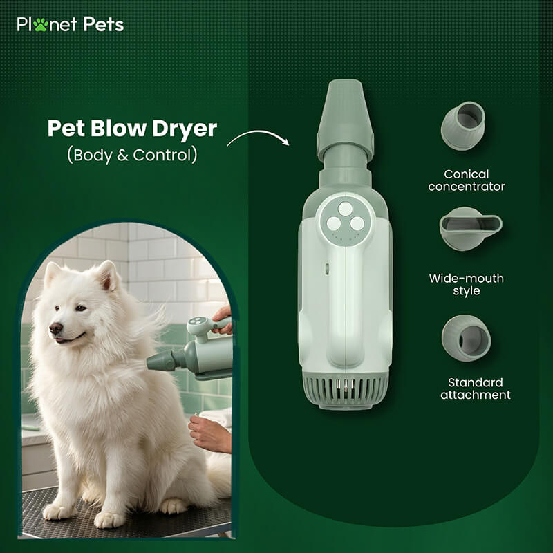 Planet Pets Pet Blow Dryer for Dogs & Cats with 3 Nozzle Attachments | 3-Speed Portable Grooming Dryer