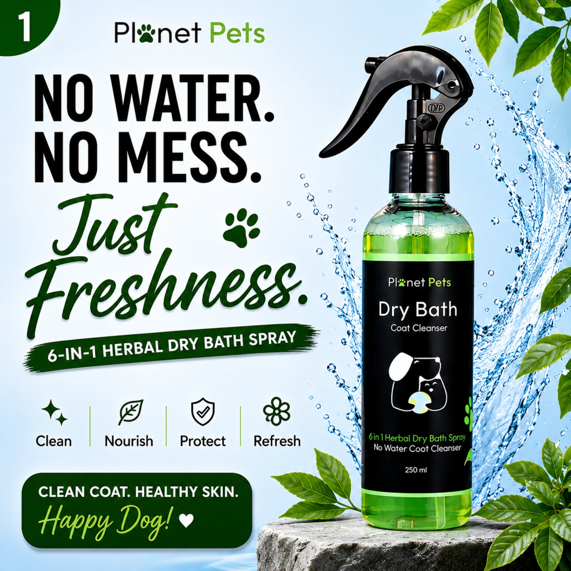 Planet Pets 6-in-1 Herbal Dry Bath Spray for Dogs | Waterless Grooming | 250ml