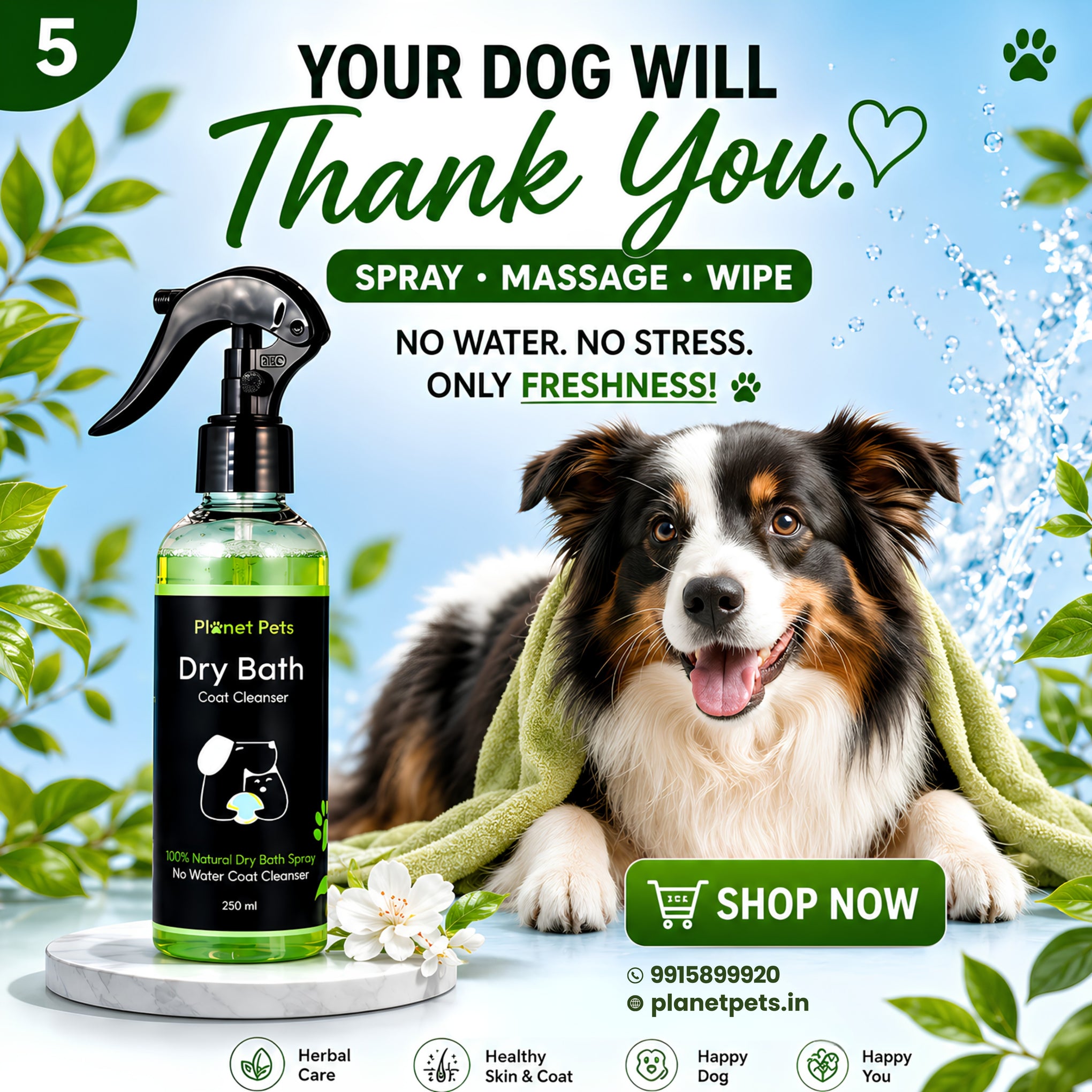 Planet Pets 6-in-1 Herbal Dry Bath Spray for Dogs | Waterless Grooming | 250ml