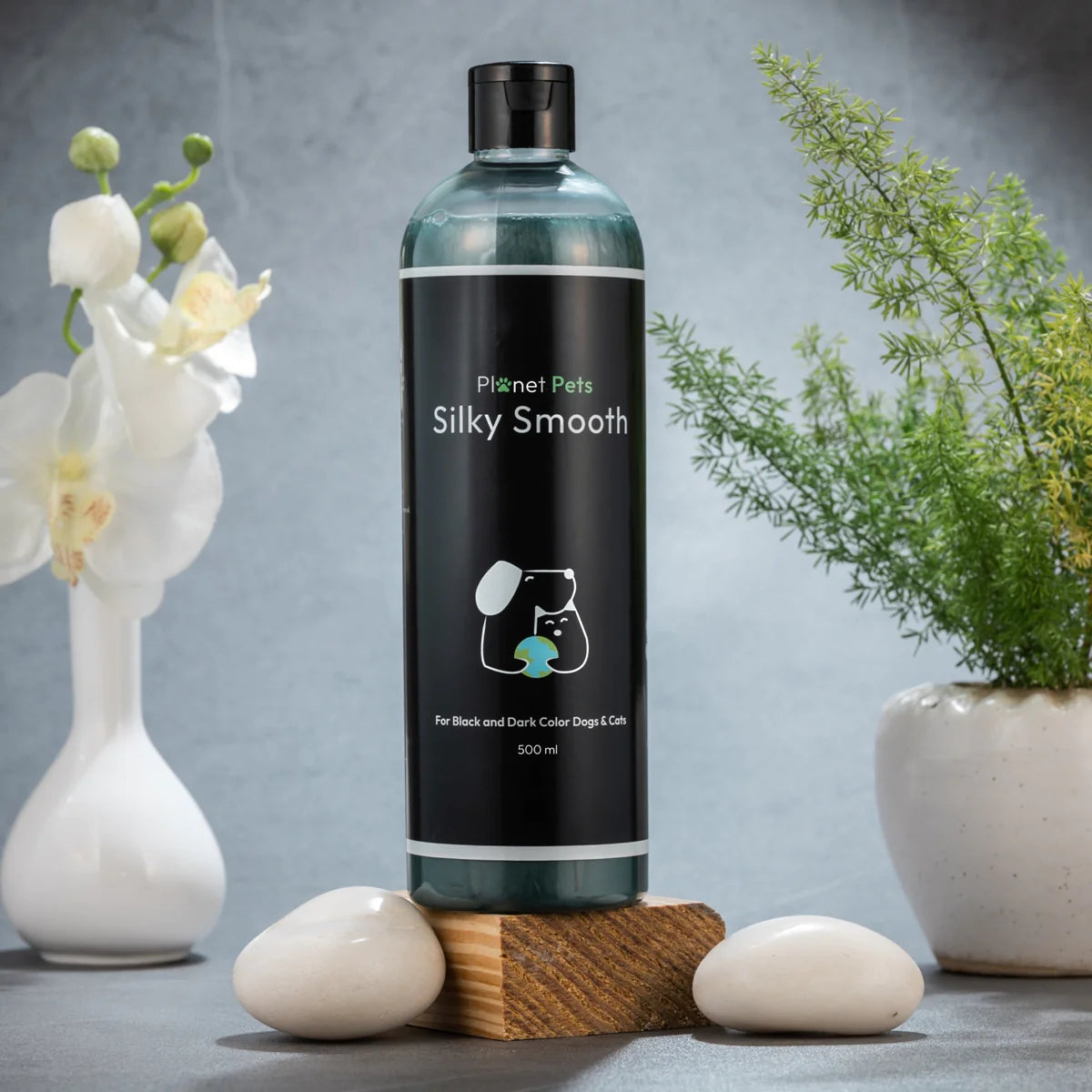 Bottle of Silky Smooth pet care shampoo with natural ingredients