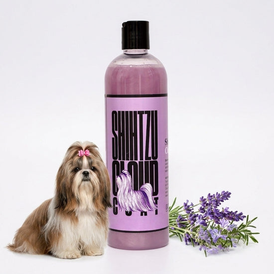 Shih Tzu Cloud Coat shampoo bottle with a Shih Tzu dog