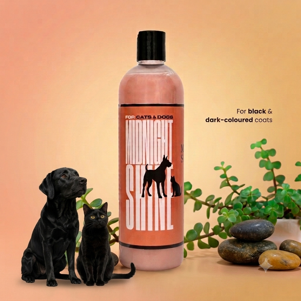 Midnight Shine shampoo for black and dark-coated dogs and cats, with a black Labrador and a black cat