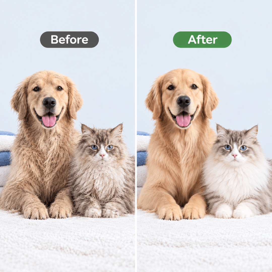 Dog and cat coat before and after using SilKoat conditioner and detangler